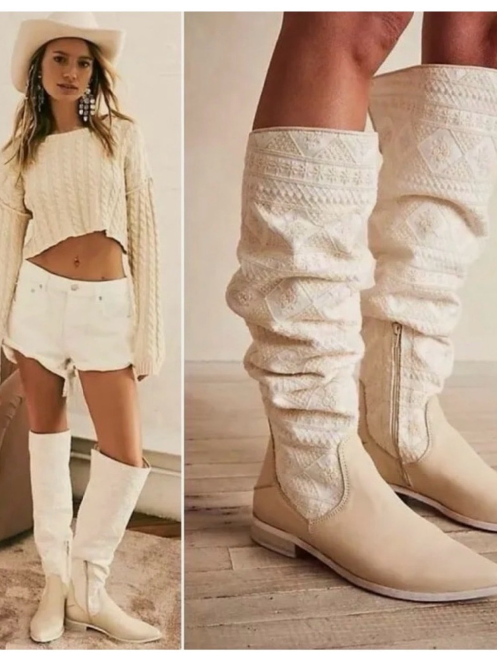 Free People Bren Slouch Crochet Knee-High Boots in Ecru, Sz 37.5